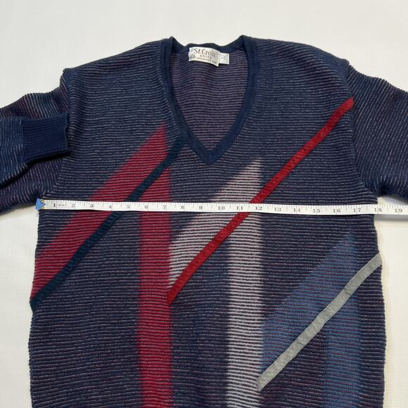 Vintage St Croix Sweater Mens Large Blue Red Wool V Neck Abstract Geometric 90s - Picture 7 of 8